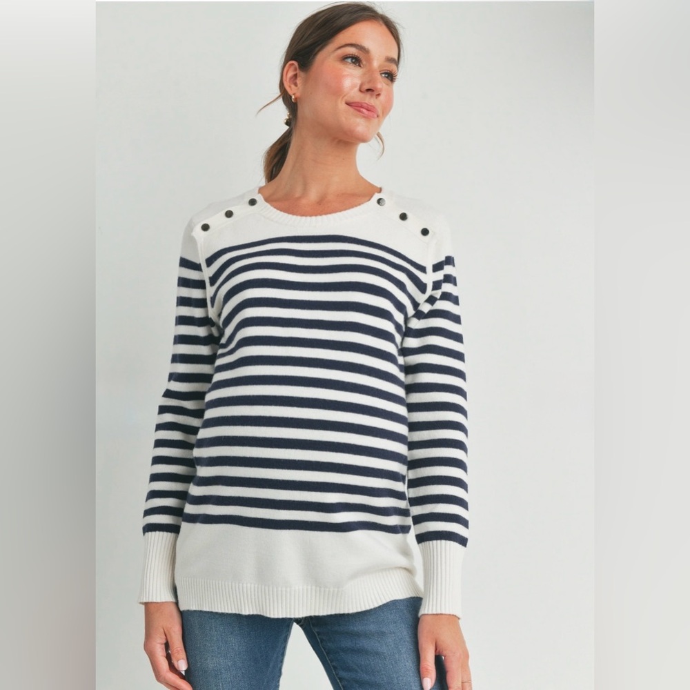 Black and White Maternity Striped Sweater with Button Accents